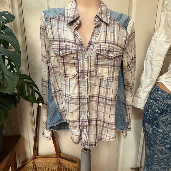 Free People Flannel Plaid & Chambray Denim Button Up Shirt XS - Picture 1 of 9